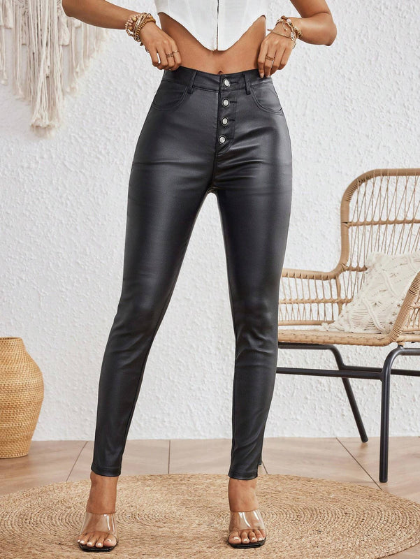 Essnce Pantalones largos ajustados casuales y simples con botones en la bragueta