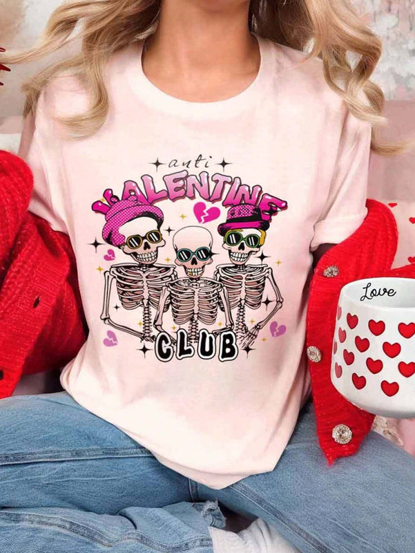Camiseta De Manga Corta Con Cuello Redondo Y Estampado Grafico De Love Heart & Skulls Para Mujer, Perfecta Para El Dia De San Valentin