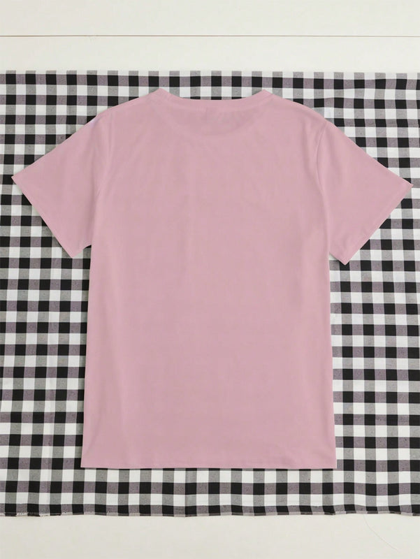 Camiseta De Manga Corta Con Cuello Redondo Y Estampado Grafico De Love Heart & Skulls Para Mujer, Perfecta Para El Dia De San Valentin