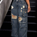 ICON Pantalones Jeans Cargo Desgastados Para Mujer