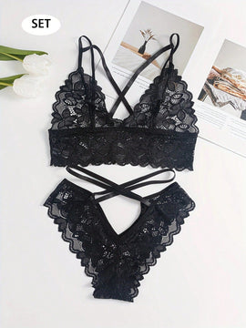 Conjunto De Lenceria Sexy De Encaje Floral Para Mujer Con Sujetador Y Bragas