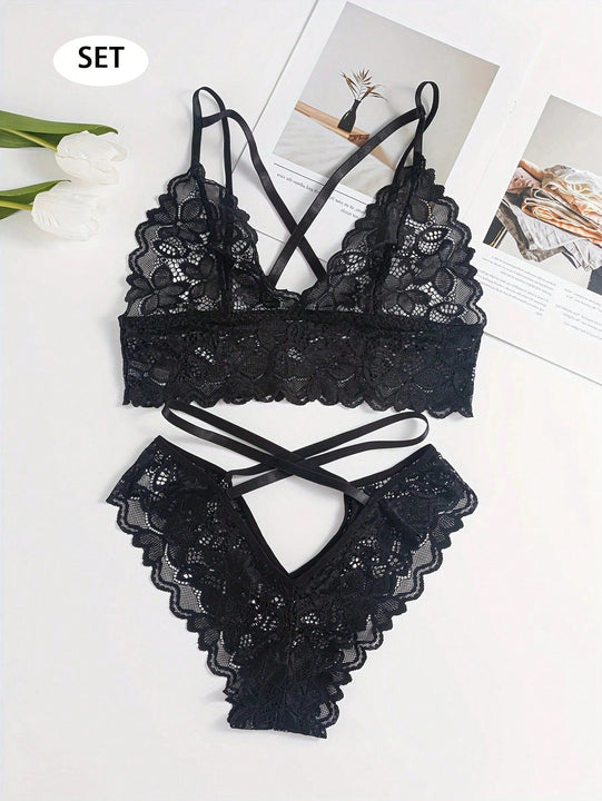 Conjunto De Lenceria Sexy De Encaje Floral Para Mujer Con Brasier Y Tangas