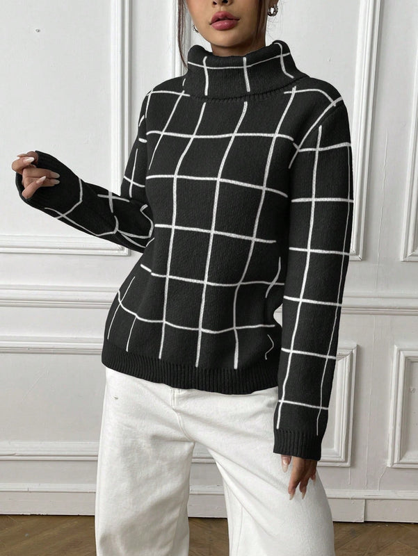 LUNE Sueter De Manga Larga A Cuadros Con Cuello Alto Para Mujer