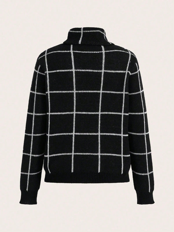 LUNE Sueter De Manga Larga A Cuadros Con Cuello Alto Para Mujer