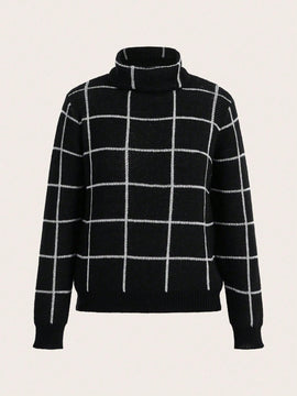 LUNE Sueter De Manga Larga A Cuadros Con Cuello Alto Para Mujer