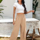 Essnce pantalones casuales sueltos de pierna ancha con bolsillos y cintura fruncida de unicolor para mujeres