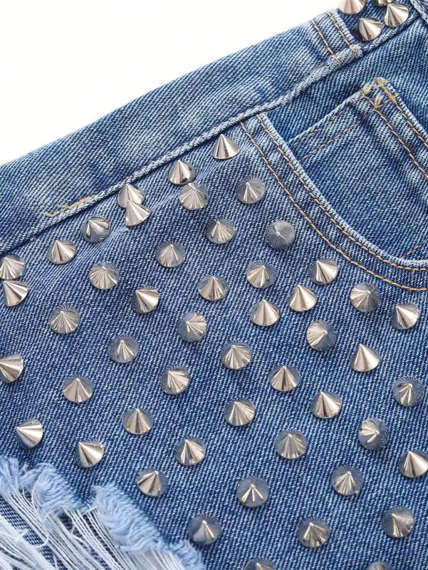 Shorts Vaqueros Rasgados Con Remaches