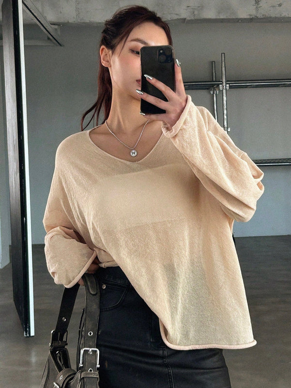 DAZY Jersey De Manga Larga Delgada De Ajuste Holgado De Color Solido Para Mujer