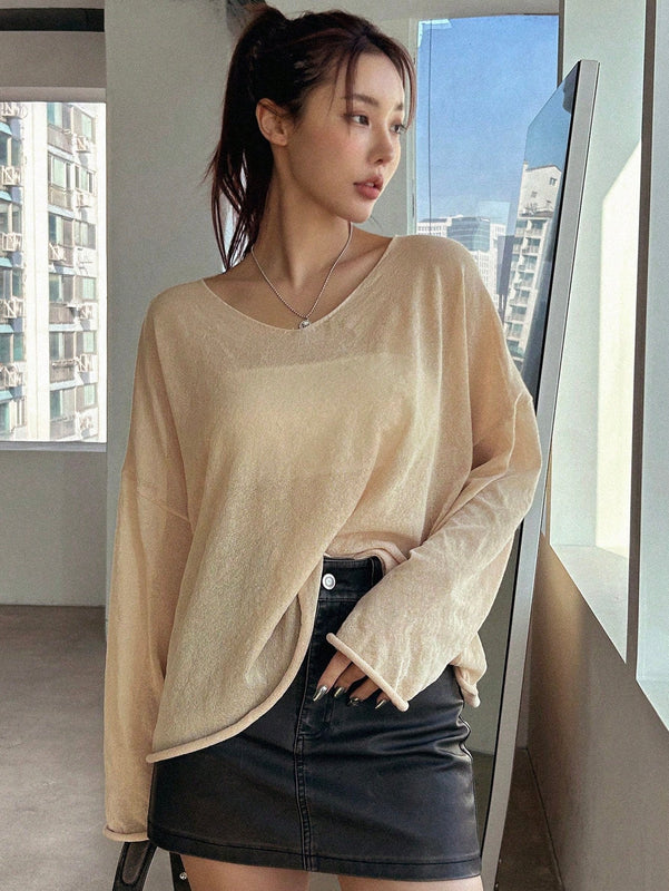 DAZY Jersey De Manga Larga Delgada De Ajuste Holgado De Color Solido Para Mujer
