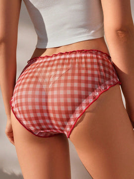 Fondo De Bikini Triangular Para Mujer Con Estampado De Cuadros Y Adorno De Lazo