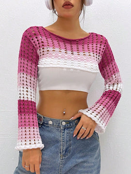 EZwear 1 Pieza Sueter De Punto Corto Con Transparencias Y Bloques De Color Para Mujer