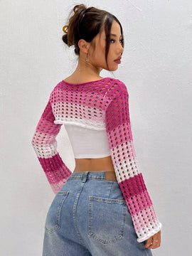 EZwear 1 Pieza Sueter De Punto Corto Con Transparencias Y Bloques De Color Para Mujer