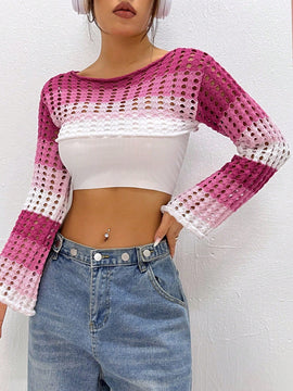 EZwear 1 Pieza Sueter De Punto Corto Con Transparencias Y Bloques De Color Para Mujer