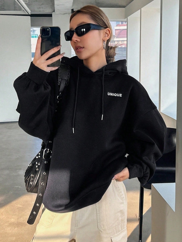 Dazy sudadera con capucha de manga larga con estampado de letras minimalista, uso diario informal