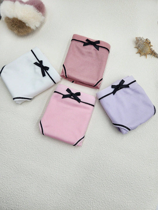 4 Piezas/set Panties De Triangulo Con Diseno De Bloques De Color Para Mujer De Altura Media Con Lazo De Mono