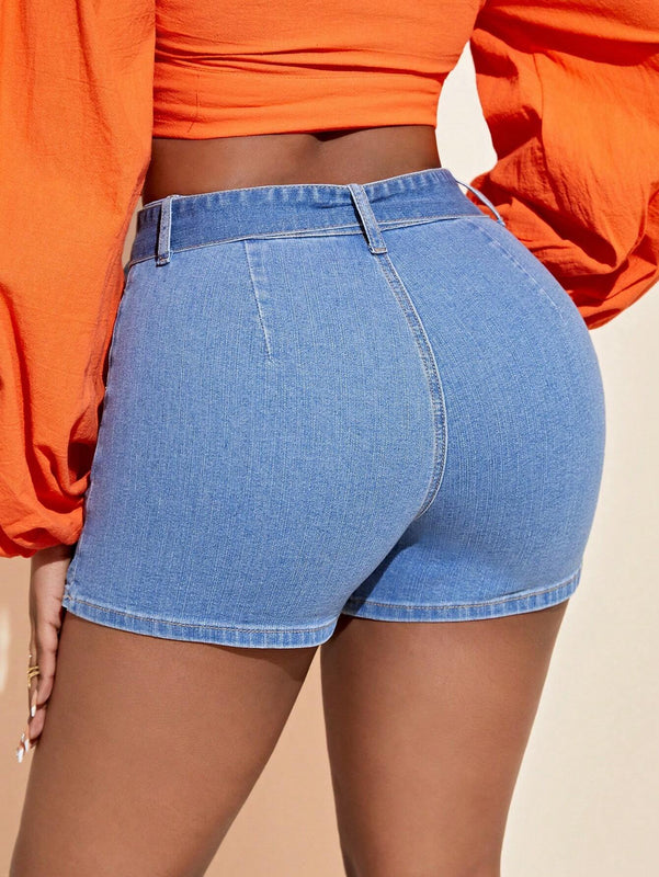 SXY Pantalones Cortos De Mezclilla Ajustados, Mini Y Con Cinturon Para Mujeres