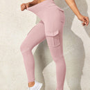 Leggings deportivos de cintura alta, color rosa, con multiples bolsillos con solapa, cinturilla ancha, para correr, yoga, fitness, pantalones ajustados, pantalones de entrenamiento informales