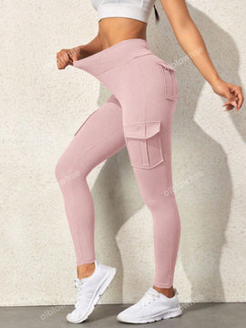 Leggings deportivos de cintura alta, color rosa, con multiples bolsillos con solapa, cinturilla ancha, para correr, yoga, fitness, pantalones ajustados, pantalones de entrenamiento informales