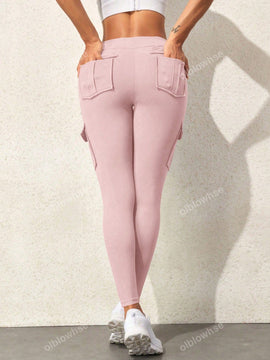 Leggings deportivos de cintura alta, color rosa, con multiples bolsillos con solapa, cinturilla ancha, para correr, yoga, fitness, pantalones ajustados, pantalones de entrenamiento informales