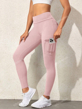 Leggings deportivos de cintura alta, color rosa, con multiples bolsillos con solapa, cinturilla ancha, para correr, yoga, fitness, pantalones ajustados, pantalones de entrenamiento informales