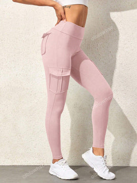 Leggings deportivos de cintura alta, color rosa, con multiples bolsillos con solapa, cinturilla ancha, para correr, yoga, fitness, pantalones ajustados, pantalones de entrenamiento informales