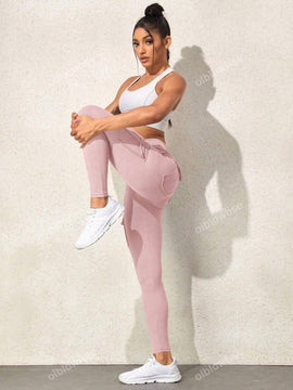 Leggings deportivos de cintura alta, color rosa, con multiples bolsillos con solapa, cinturilla ancha, para correr, yoga, fitness, pantalones ajustados, pantalones de entrenamiento informales