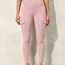 Leggings deportivos de cintura alta, color rosa, con multiples bolsillos con solapa, cinturilla ancha, para correr, yoga, fitness, pantalones ajustados, pantalones de entrenamiento informales