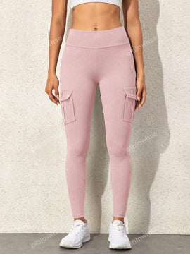 Leggings deportivos de cintura alta, color rosa, con multiples bolsillos con solapa, cinturilla ancha, para correr, yoga, fitness, pantalones ajustados, pantalones de entrenamiento informales