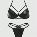 ROMWE Grunge Punk Conjunto De Brasier De Triangulos Punk De Pu Para Mujer Con Tirantes Halter Y Tanga