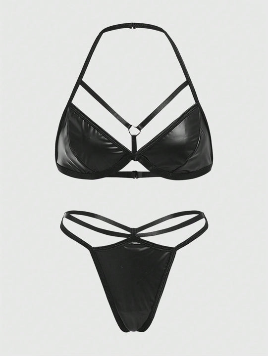 ROMWE Grunge Punk Conjunto De Brasier De Triangulos Punk De Pu Para Mujer Con Tirantes Halter Y Tanga