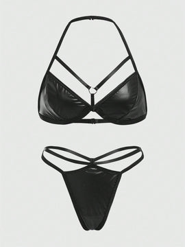 ROMWE Grunge Punk Conjunto De Sujetador De Triangulos Punk De Pu Para Mujer Con Tirantes Halter Y Tanga