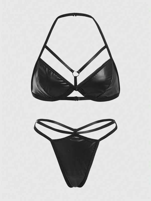 ROMWE Grunge Punk Conjunto De Sujetador De Triangulos Punk De Pu Para Mujer Con Tirantes Halter Y Tanga