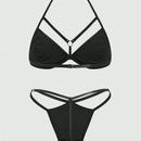 ROMWE Grunge Punk Conjunto De Sujetador De Triangulos Punk De Pu Para Mujer Con Tirantes Halter Y Tanga