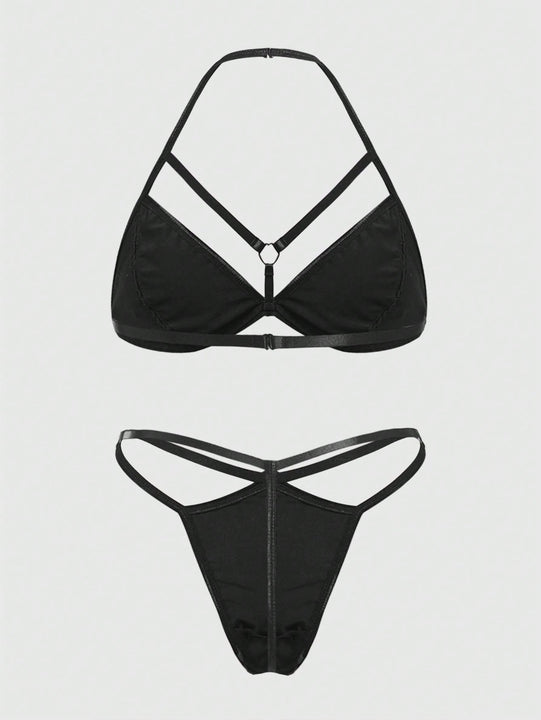 ROMWE Grunge Punk Conjunto De Brasier De Triangulos Punk De Pu Para Mujer Con Tirantes Halter Y Tanga