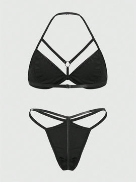 ROMWE Grunge Punk Conjunto De Sujetador De Triangulos Punk De Pu Para Mujer Con Tirantes Halter Y Tanga