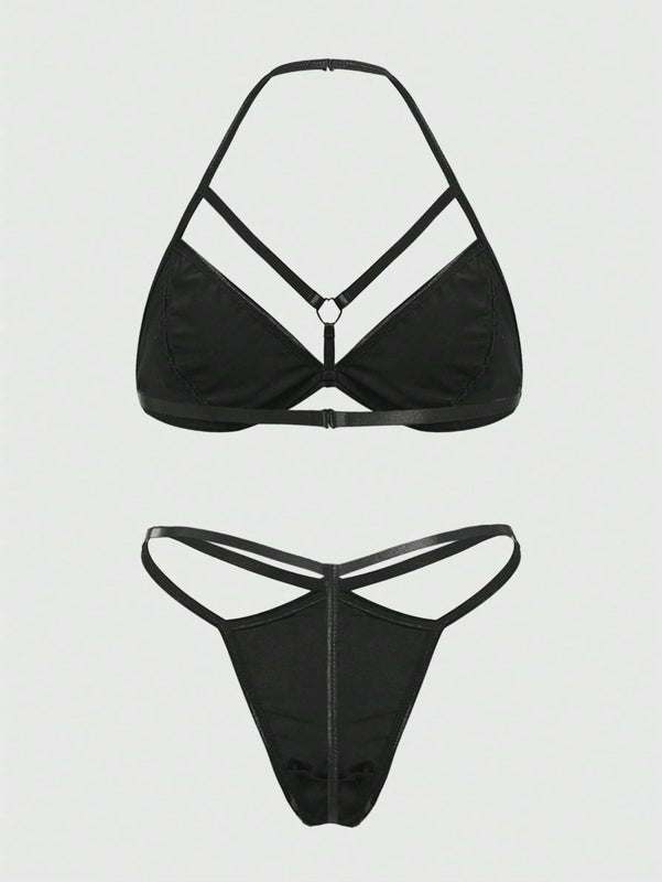 ROMWE Grunge Punk Conjunto De Sujetador De Triangulos Punk De Pu Para Mujer Con Tirantes Halter Y Tanga
