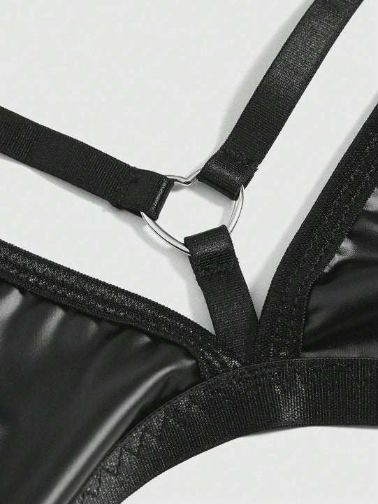 ROMWE Grunge Punk Conjunto De Brasier De Triangulos Punk De Pu Para Mujer Con Tirantes Halter Y Tanga