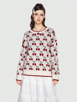 Sweetness Sweater Con Estampado De Cerezas Y Hombros Caidos