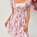 Wywh vestido de manga voladora corta con estampado floral para mujer