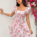 Wywh vestido de manga voladora corta con estampado floral para mujer