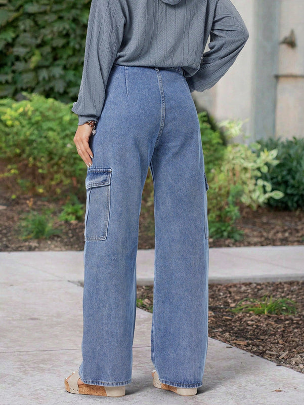 Pantalones Jeans Utilitarios Con Bolsillos Para Mujer