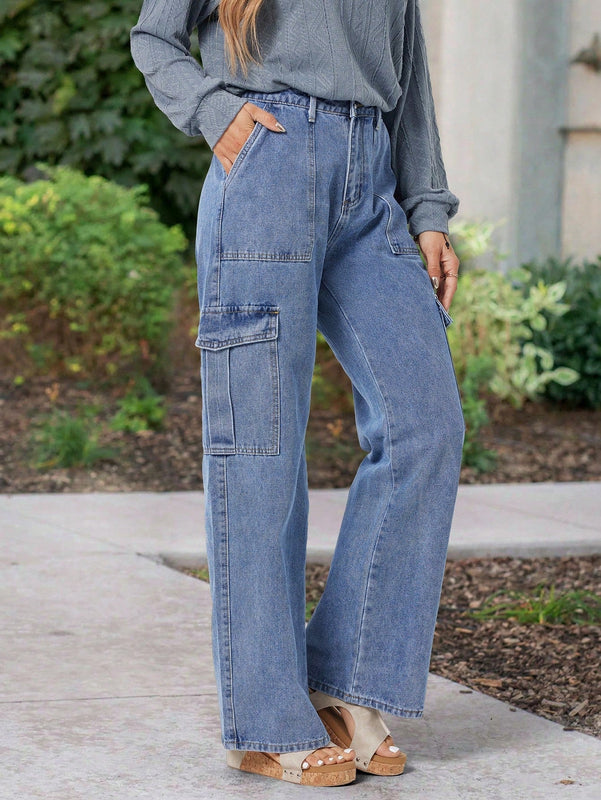 Pantalones Jeans Utilitarios Con Bolsillos Para Mujer