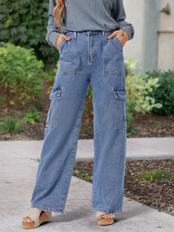 Pantalones Jeans Utilitarios Con Bolsillos Para Mujer