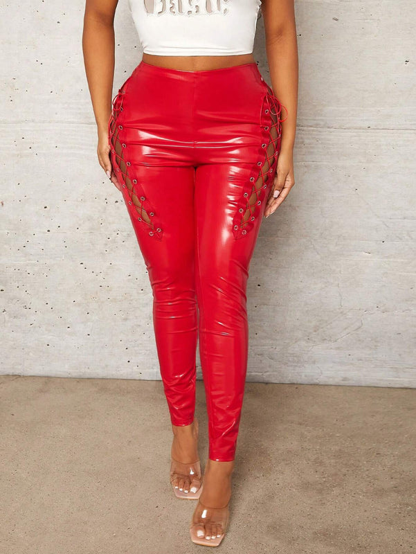 Slayr Sexy San Valentin Rojo PU Leggings Altos Hasta El Muslo Con Cortes Y Encaje En Los Costados
