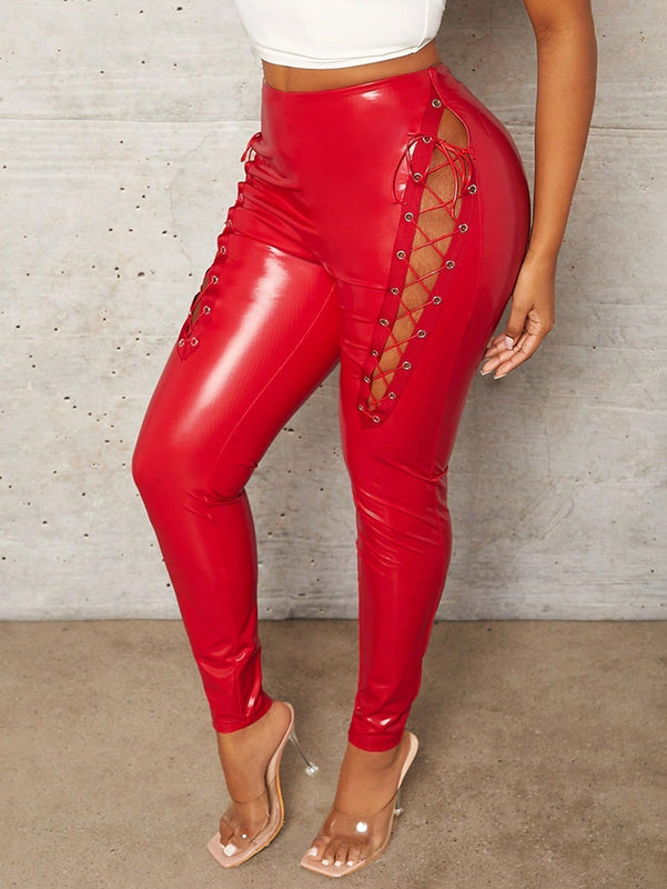 Slayr Sexy San Valentin Rojo PU Leggings Altos Hasta El Muslo Con Cortes Y Encaje En Los Costados
