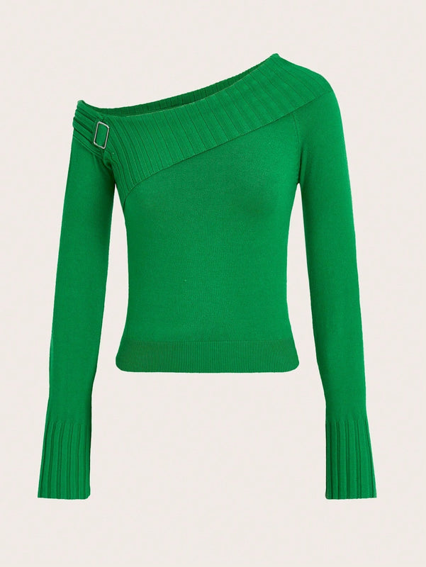 EZwear Sueter De Manga Larga Con Escote Asimetrico