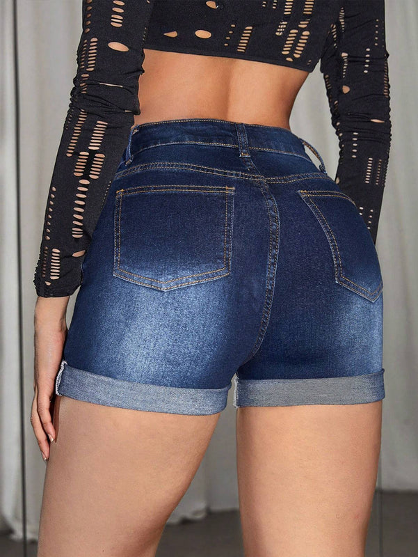 PETITE Shorts Vaqueros De Corte Slim Con Diseno De Bigotes De Gato Para Mujer