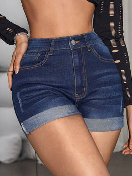 PETITE Shorts Vaqueros De Corte Slim Con Diseno De Bigotes De Gato Para Mujer