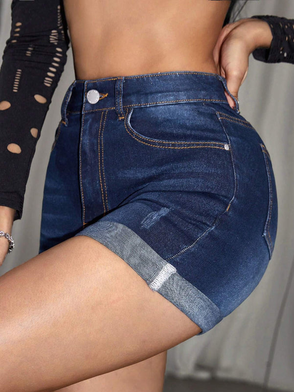 PETITE Shorts Vaqueros De Corte Slim Con Diseno De Bigotes De Gato Para Mujer