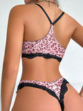 Conjunto De Ropa Interior Para Mujer Con Estampado De Leopardo Y Encaje De Parche